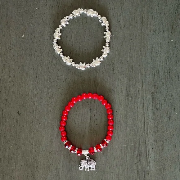 🐘♥️ Set 2 African Elephant Red Crystal Charm + Silver Bead Stretch Bracelets - Picture 1 of 3